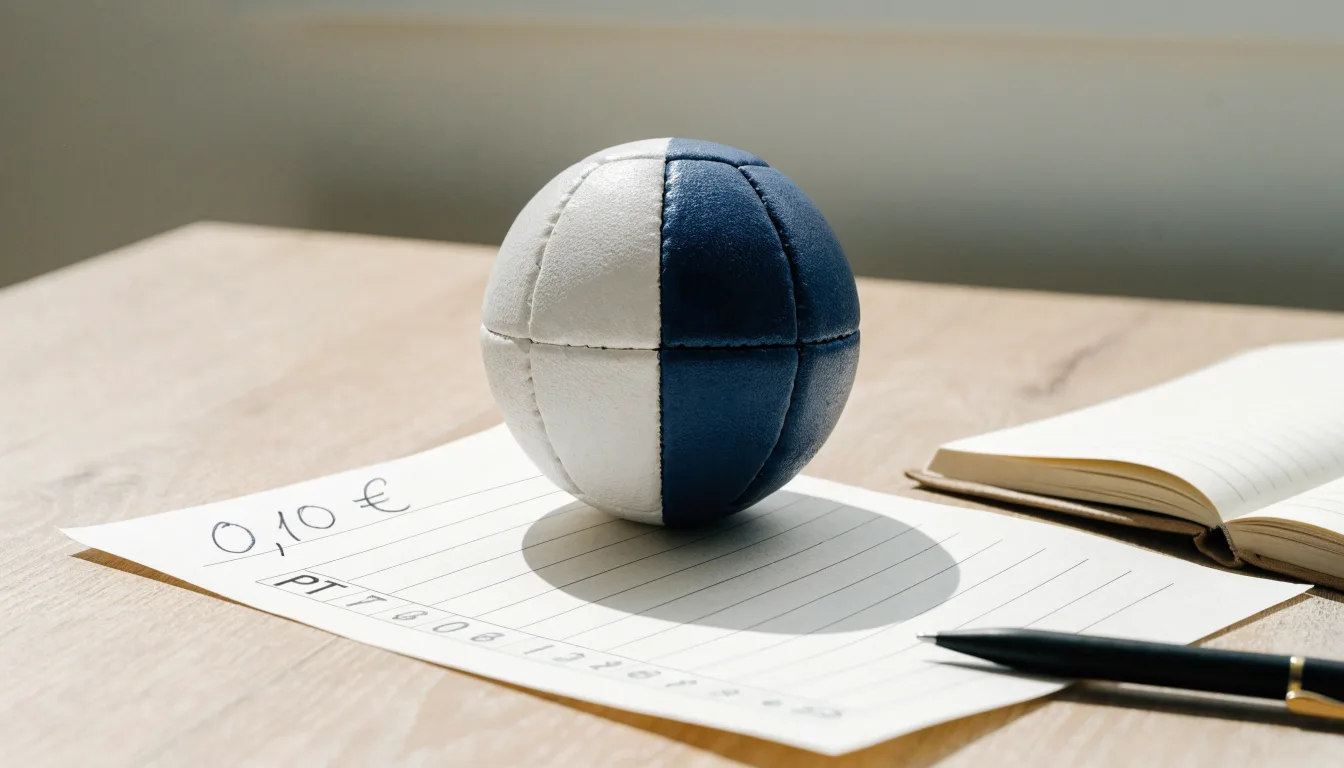 Uma bola de futebol pousada sobre um talão de apostas em branco numa mesa de madeira, à luz do dia
