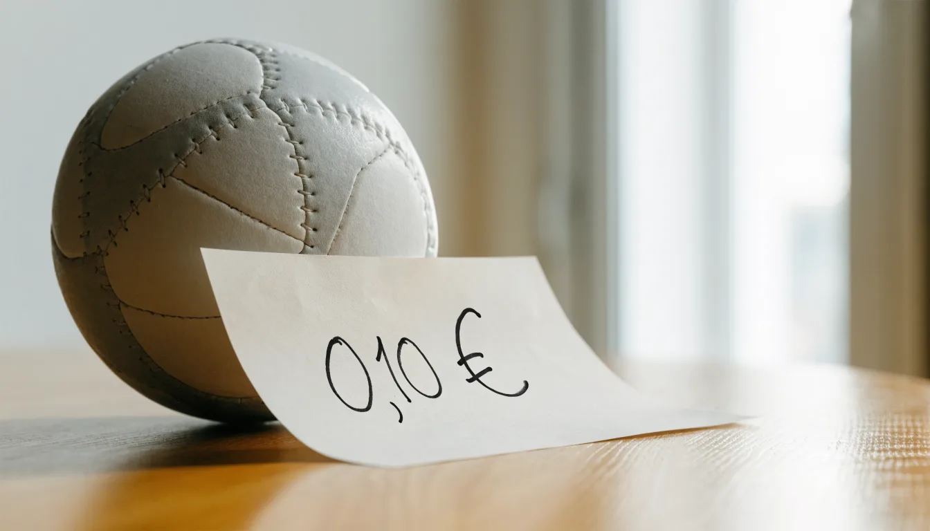 Uma bola de futebol pousada sobre um talão de apostas em branco numa mesa de madeira, à luz do dia
