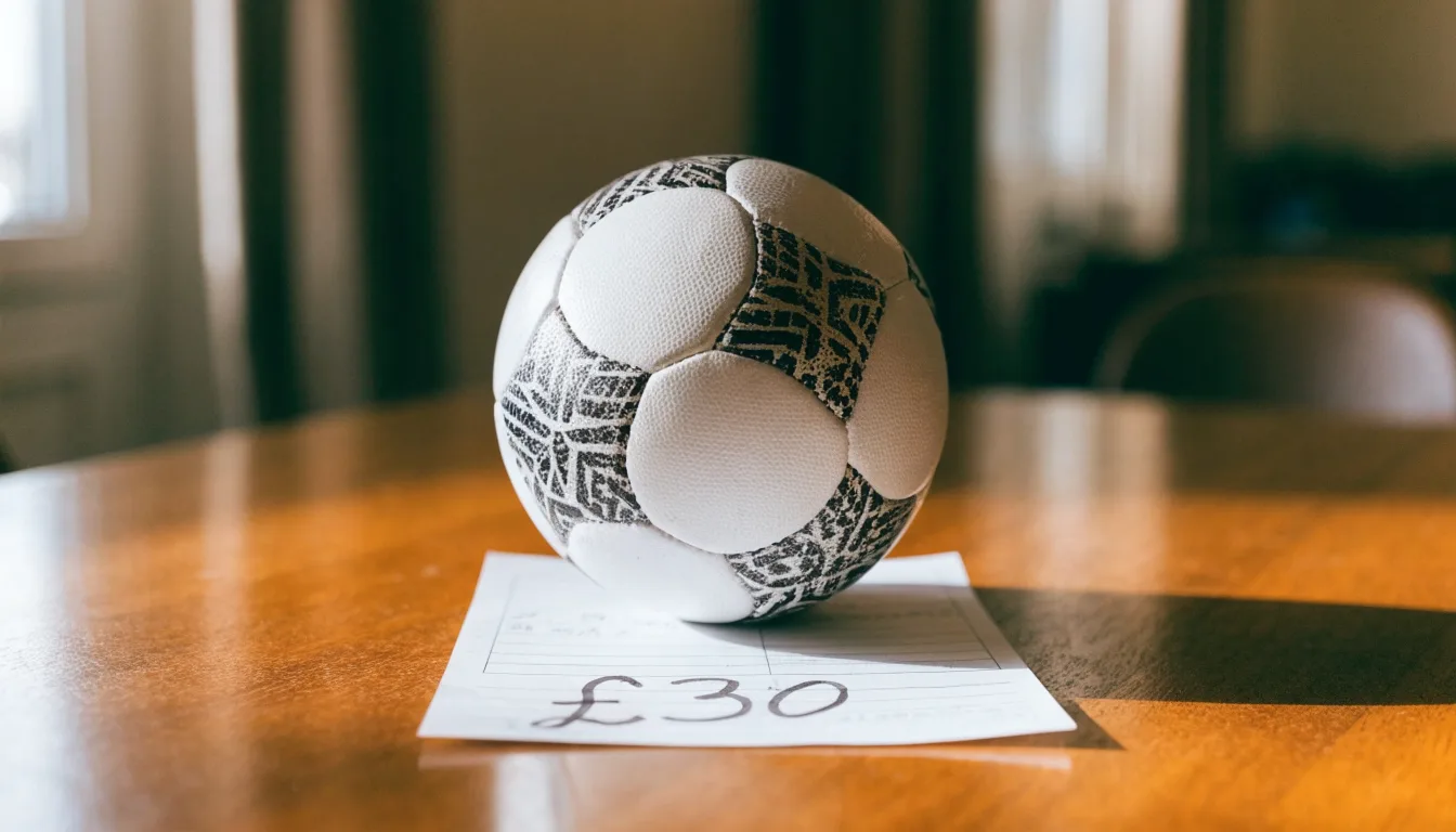 Uma bola de futebol pousada sobre um talão de apostas em branco numa mesa de madeira, à luz do dia