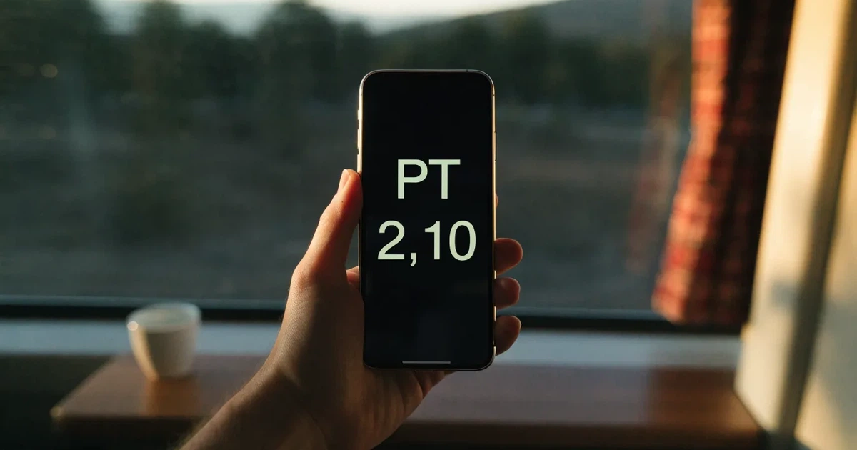Uma mão a segurar um telemóvel com uma aposta no ecrã, num comboio ao fim da tarde