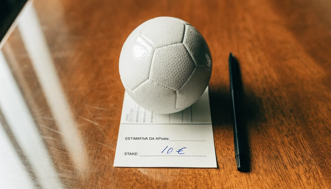 Uma bola de futebol pousada sobre um talão de apostas em branco numa mesa de madeira, à luz do dia