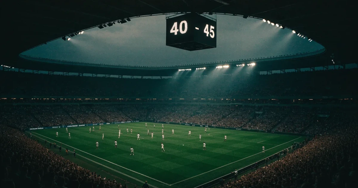 Um marcador eletrónico de um estádio com o resultado a meio da segunda parte, visto das bancadas