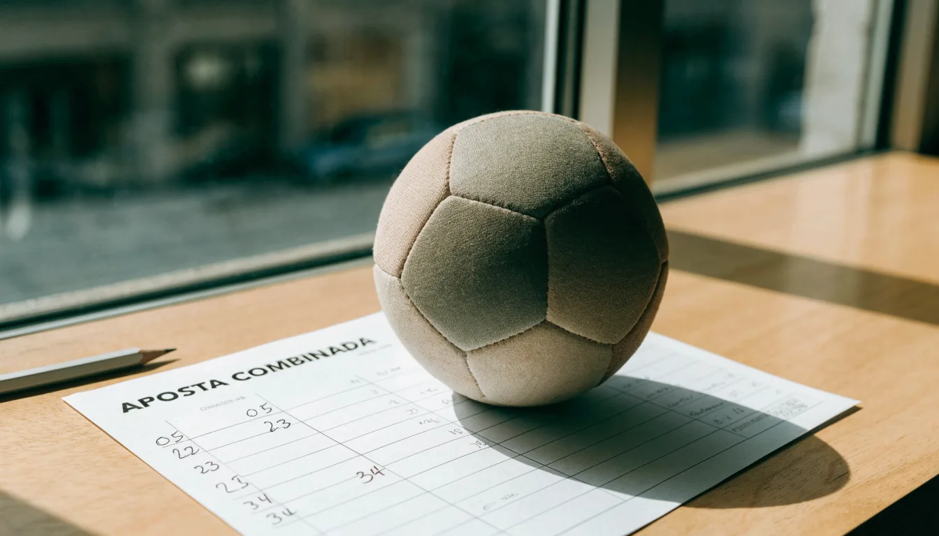 Uma bola de futebol pousada sobre um talão de apostas em branco numa mesa de madeira, à luz do dia