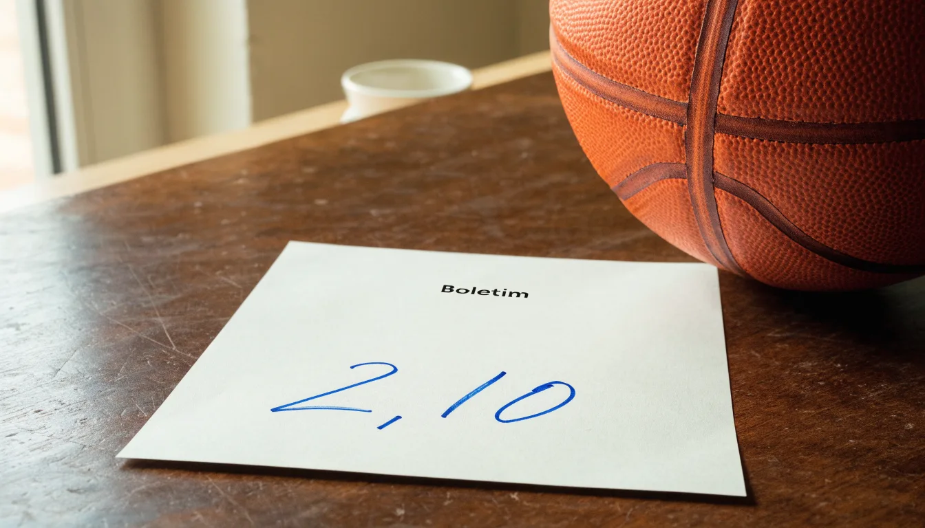 Uma bola de futebol pousada sobre um talão de apostas em branco numa mesa de madeira, à luz do dia