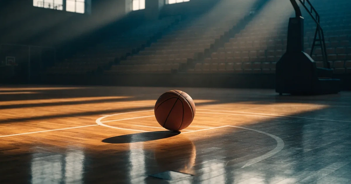 Uma bola de futebol no ponto central de um relvado, à luz da manhã