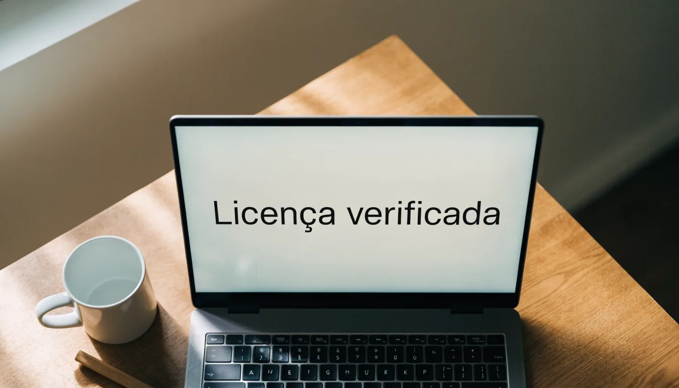 Uma folha de licença em papel com um selo vermelho, pousada numa secretária de madeira ao lado de uma caneta