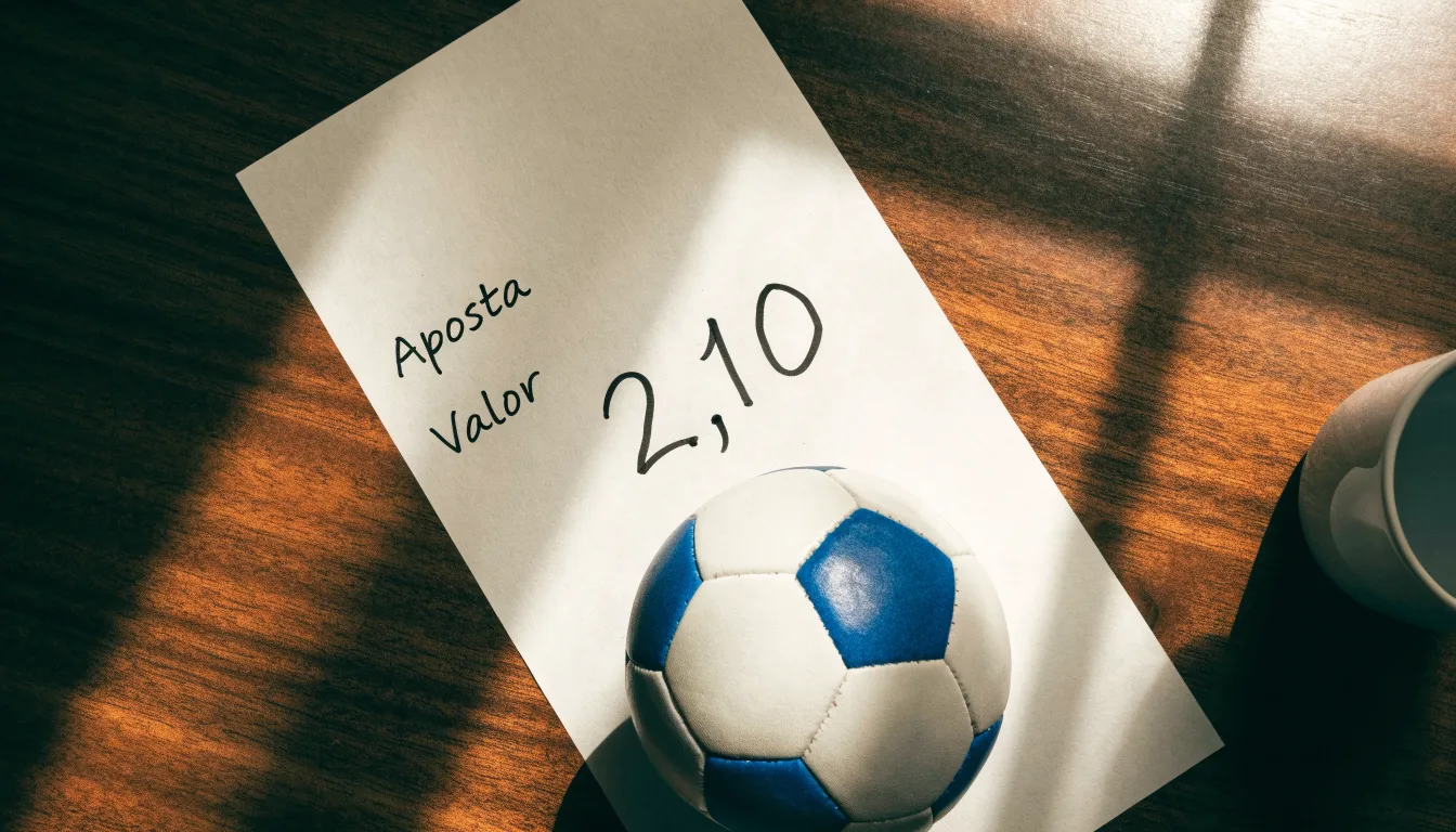 Uma bola de futebol pousada sobre um talão de apostas em branco numa mesa de madeira, à luz do dia