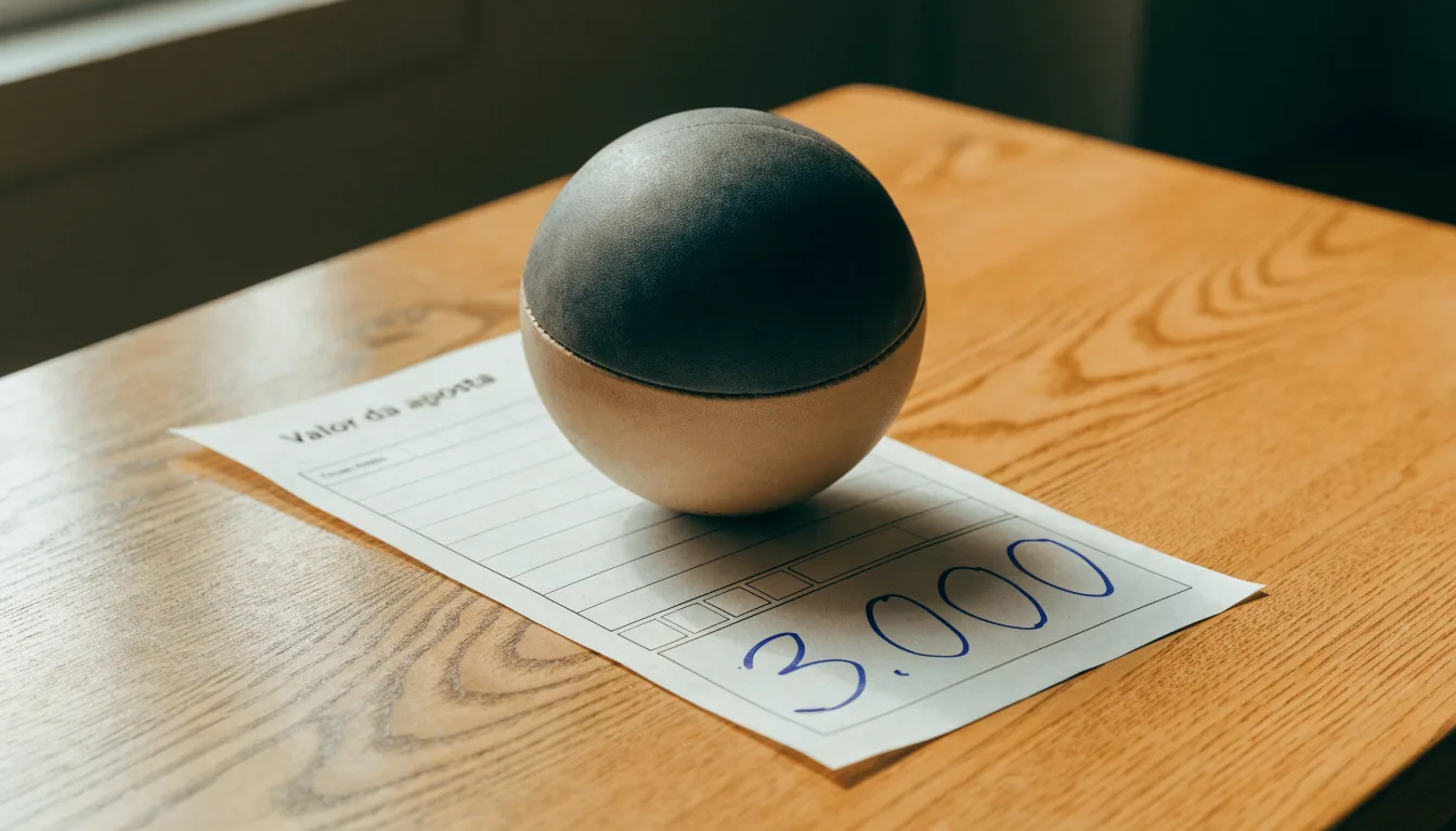 Uma bola de futebol pousada sobre um talão de apostas em branco numa mesa de madeira, à luz do dia