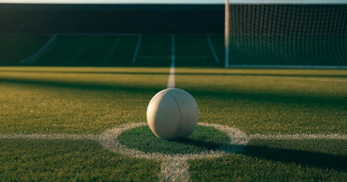 Uma bola de futebol no ponto central de um relvado, à luz da manhã
