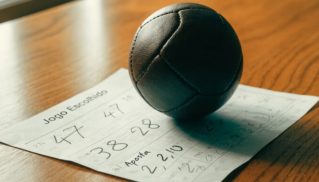 Uma bola de futebol pousada sobre um talão de apostas em branco numa mesa de madeira, à luz do dia