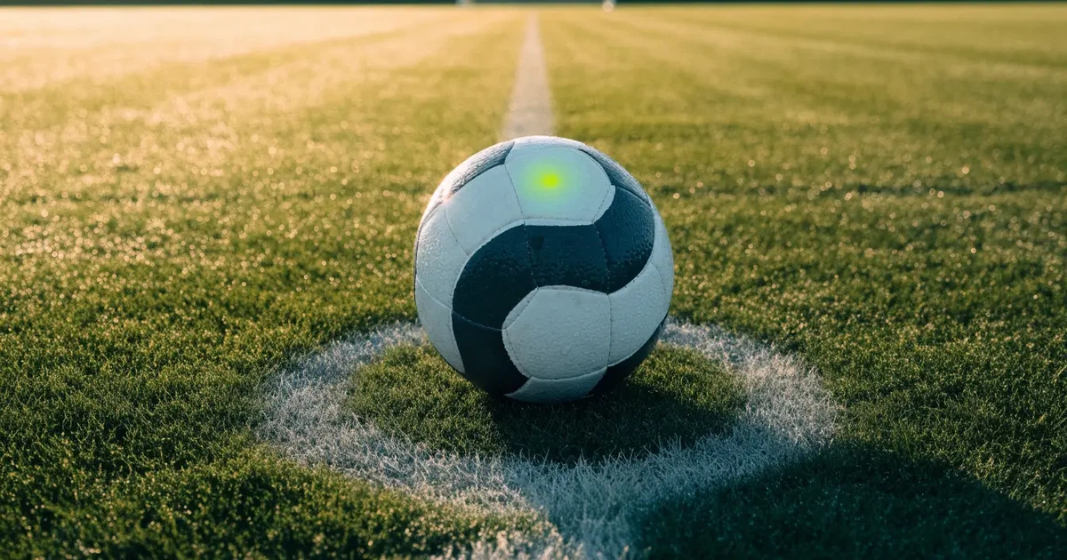 Uma bola de futebol no ponto central de um relvado, à luz da manhã