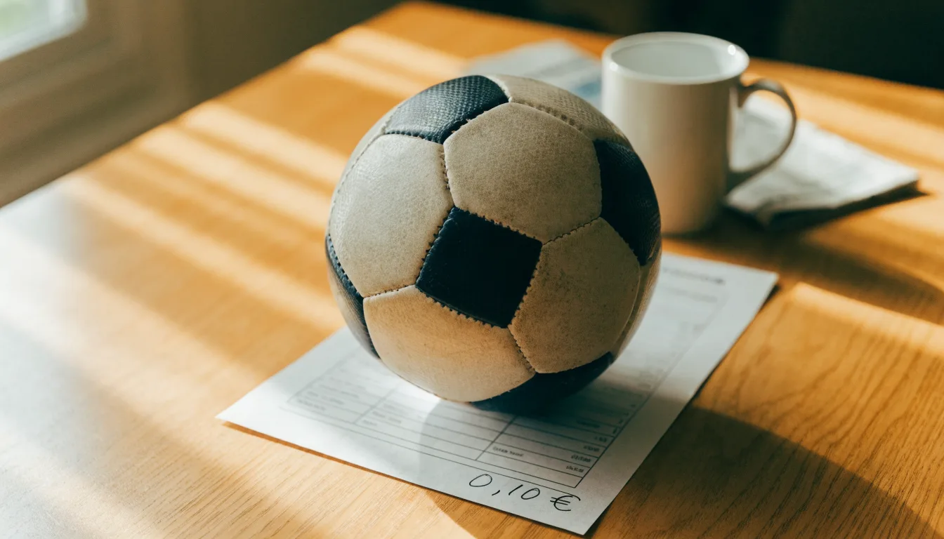 Uma bola de futebol pousada sobre um talão de apostas em branco numa mesa de madeira, à luz do dia