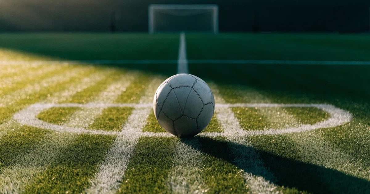 Uma bola de futebol no ponto central de um relvado, à luz da manhã