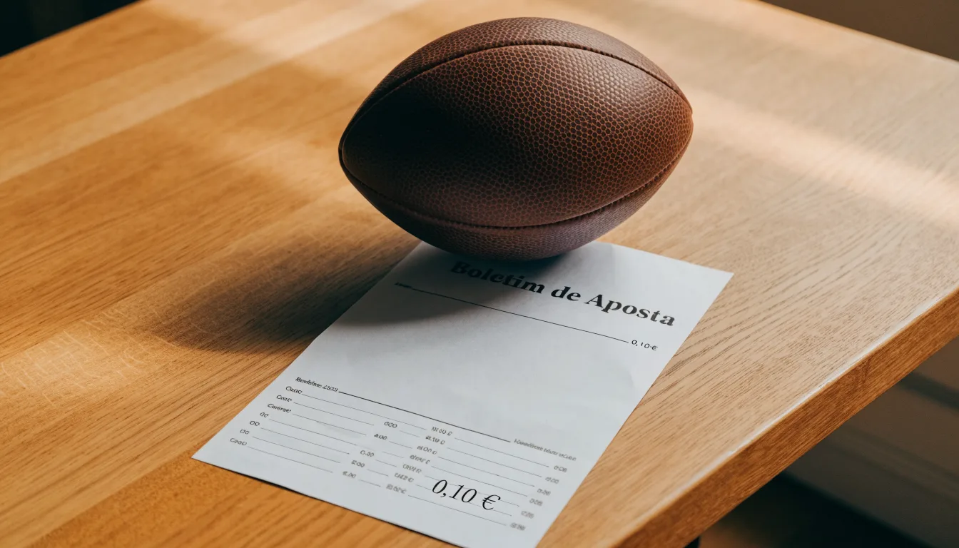 Uma bola de futebol pousada sobre um talão de apostas em branco numa mesa de madeira, à luz do dia