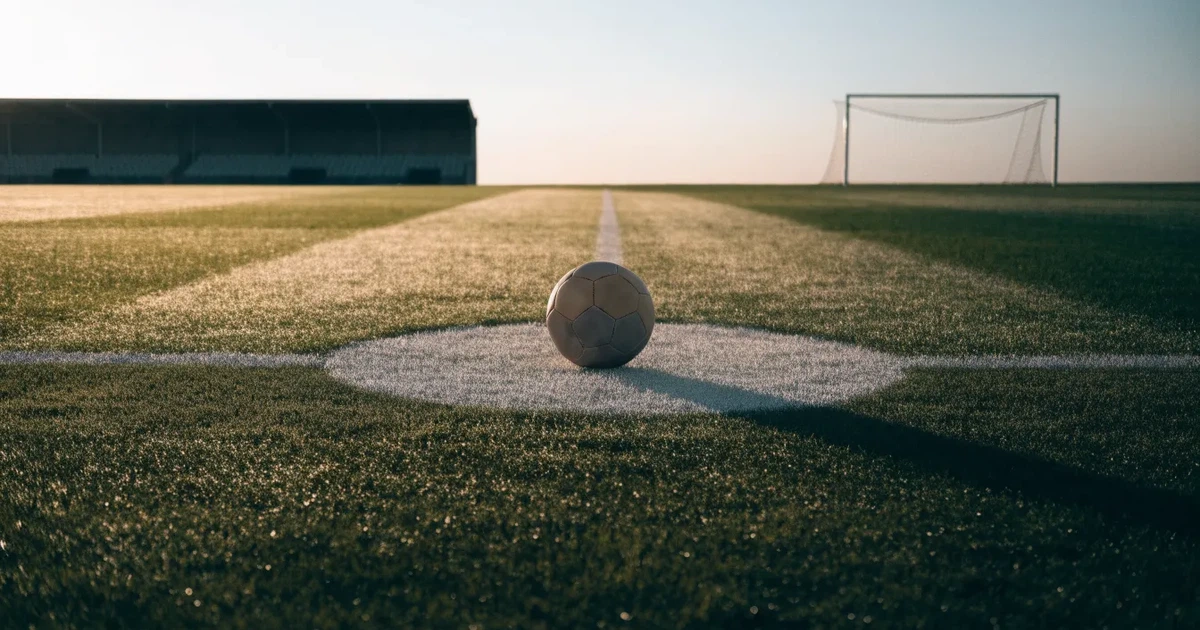 Uma bola de futebol no ponto central de um relvado, à luz da manhã
