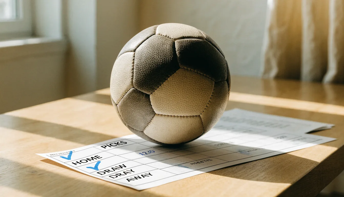 Uma bola de futebol pousada sobre um talão de apostas em branco numa mesa de madeira, à luz do dia