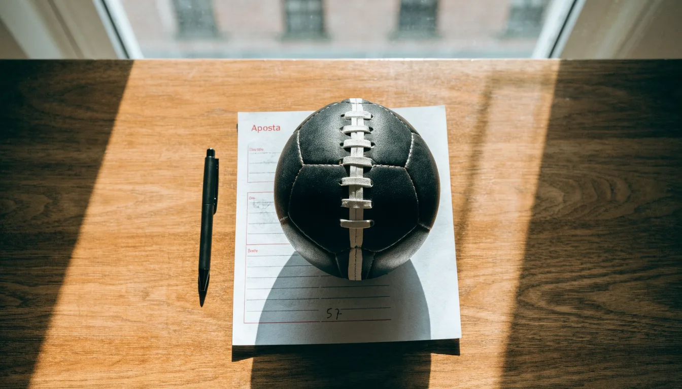 Uma bola de futebol pousada sobre um talão de apostas em branco numa mesa de madeira, à luz do dia