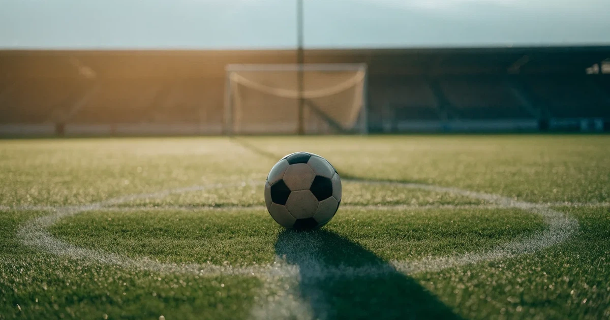 Uma bola de futebol no ponto central de um relvado, à luz da manhã