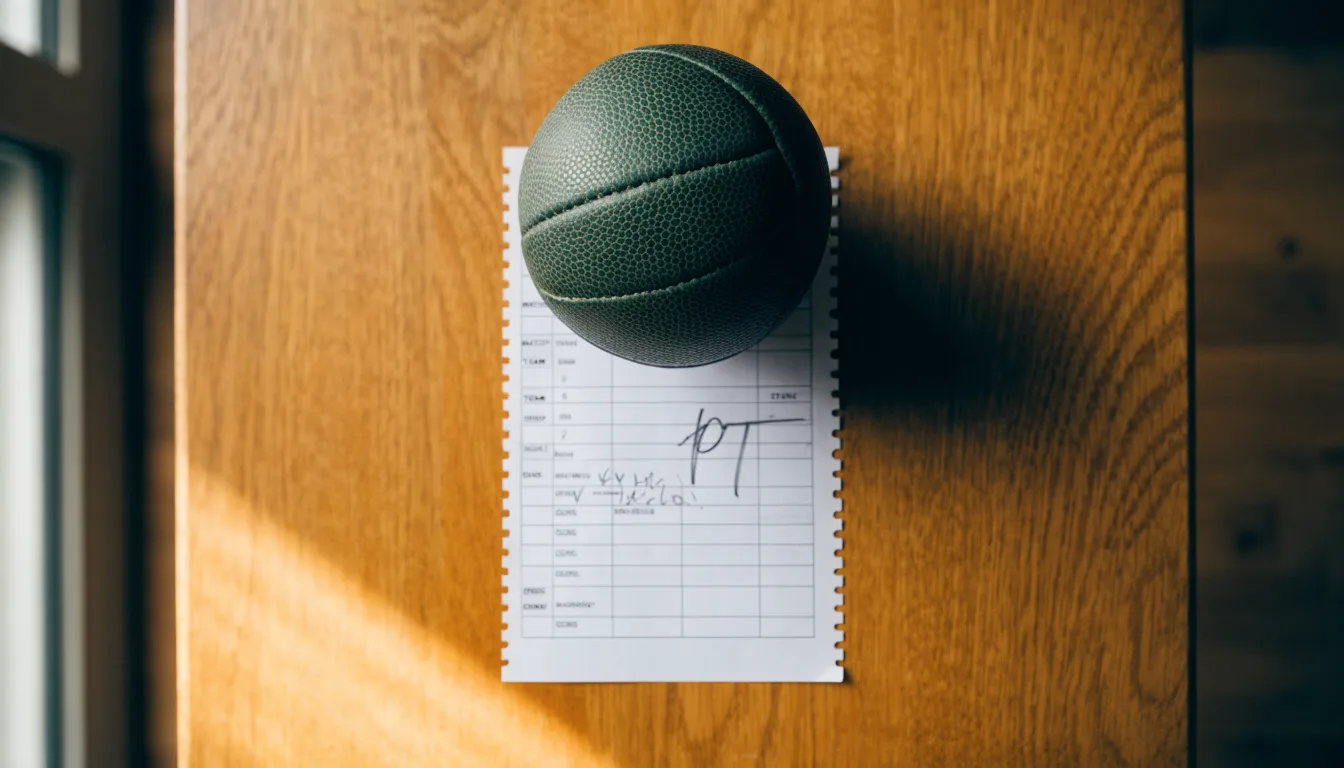 Uma bola de futebol pousada sobre um talão de apostas em branco numa mesa de madeira, à luz do dia