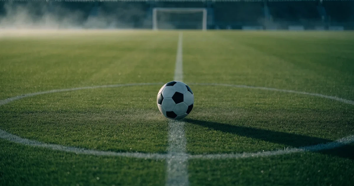 Uma bola de futebol no ponto central de um relvado, à luz da manhã