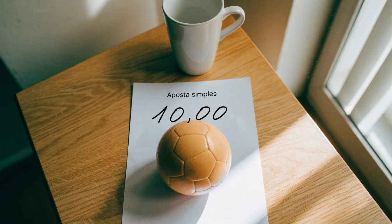 Uma bola de futebol pousada sobre um talão de apostas em branco numa mesa de madeira, à luz do dia