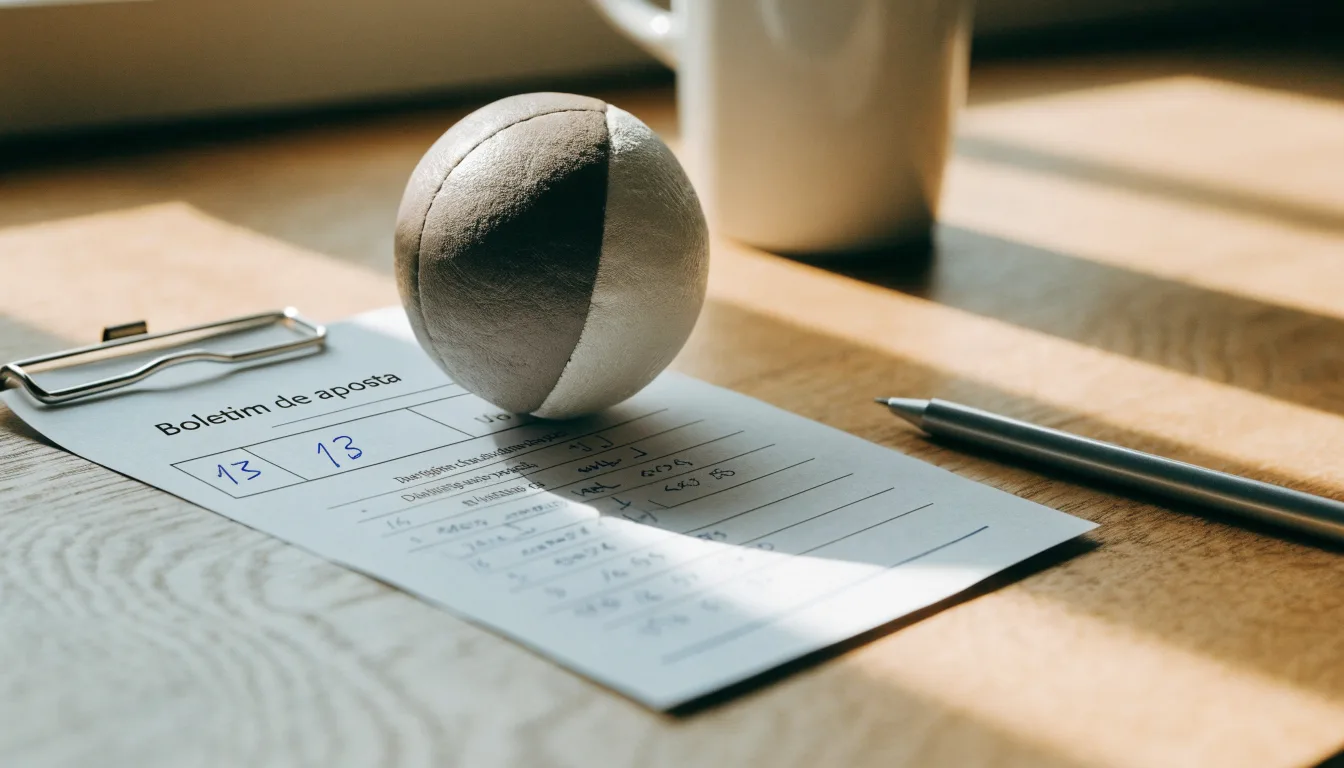 Uma bola de futebol pousada sobre um talão de apostas em branco numa mesa de madeira, à luz do dia