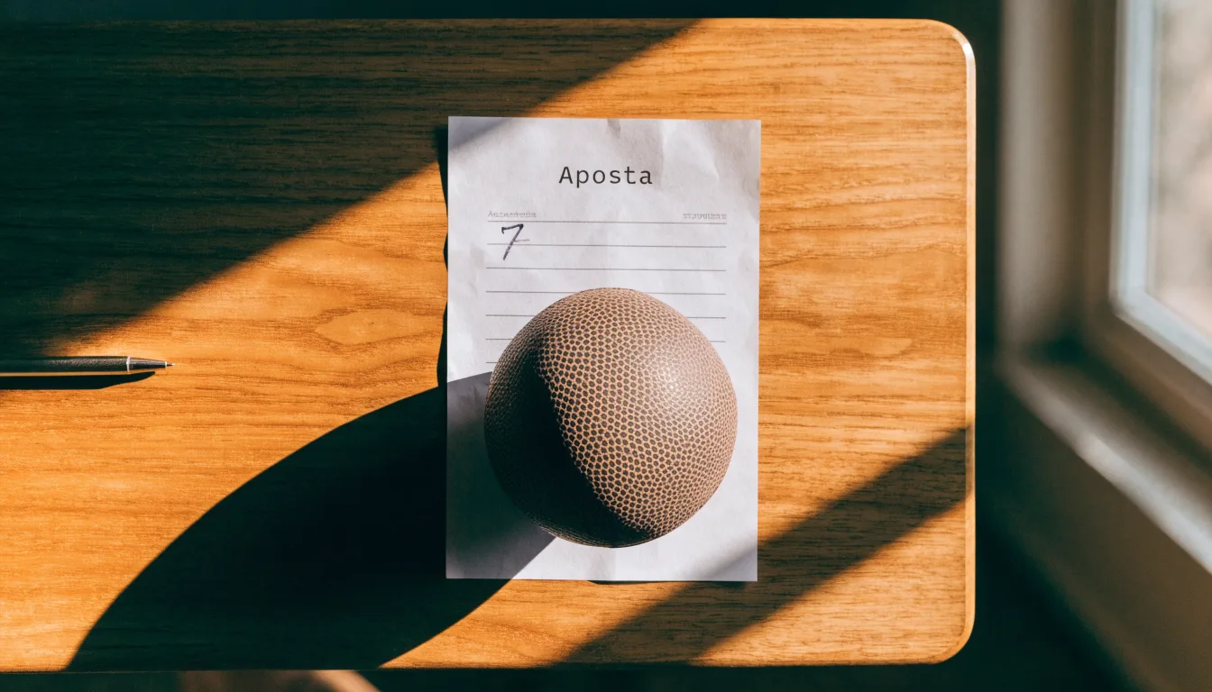 Uma bola de futebol pousada sobre um talão de apostas em branco numa mesa de madeira, à luz do dia