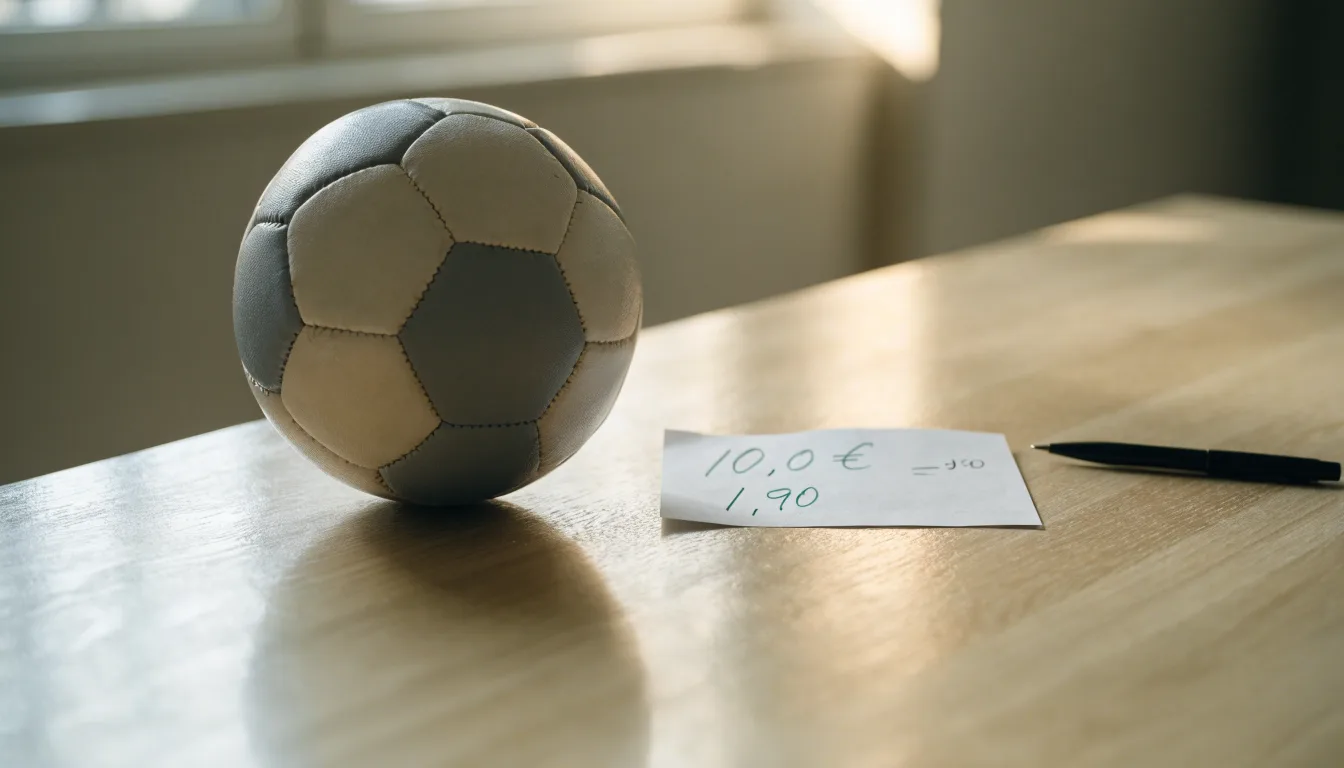 Uma bola de futebol pousada sobre um talão de apostas em branco numa mesa de madeira, à luz do dia