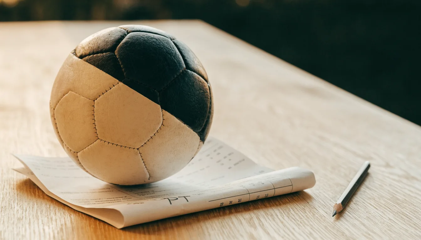 Uma bola de futebol pousada sobre um talão de apostas em branco numa mesa de madeira, à luz do dia