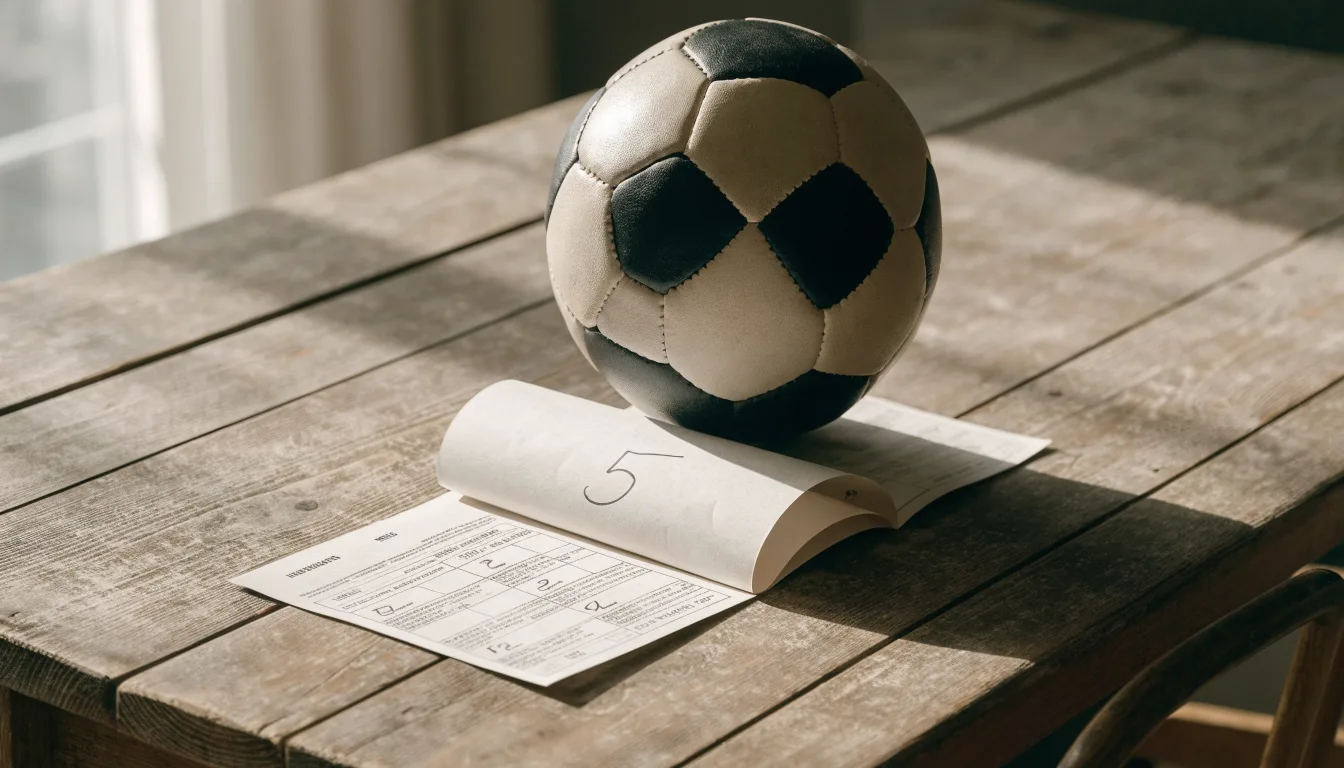 Uma bola de futebol pousada sobre um talão de apostas em branco numa mesa de madeira, à luz do dia