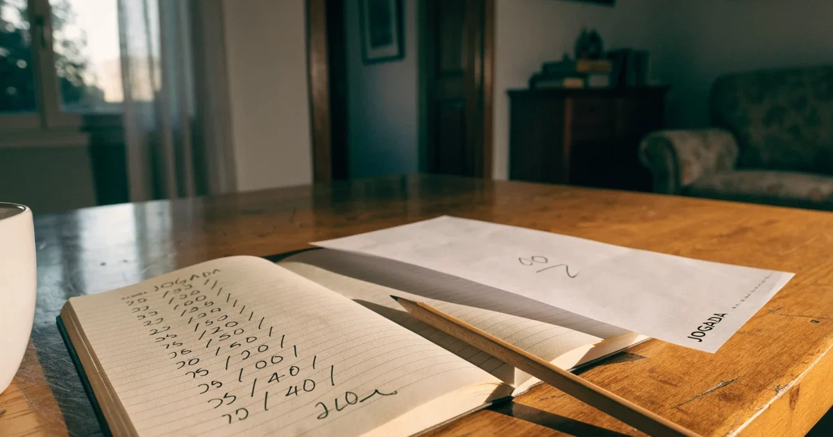 Um caderno aberto com cotas escritas à mão, uma calculadora e um lápis sobre uma mesa de madeira
