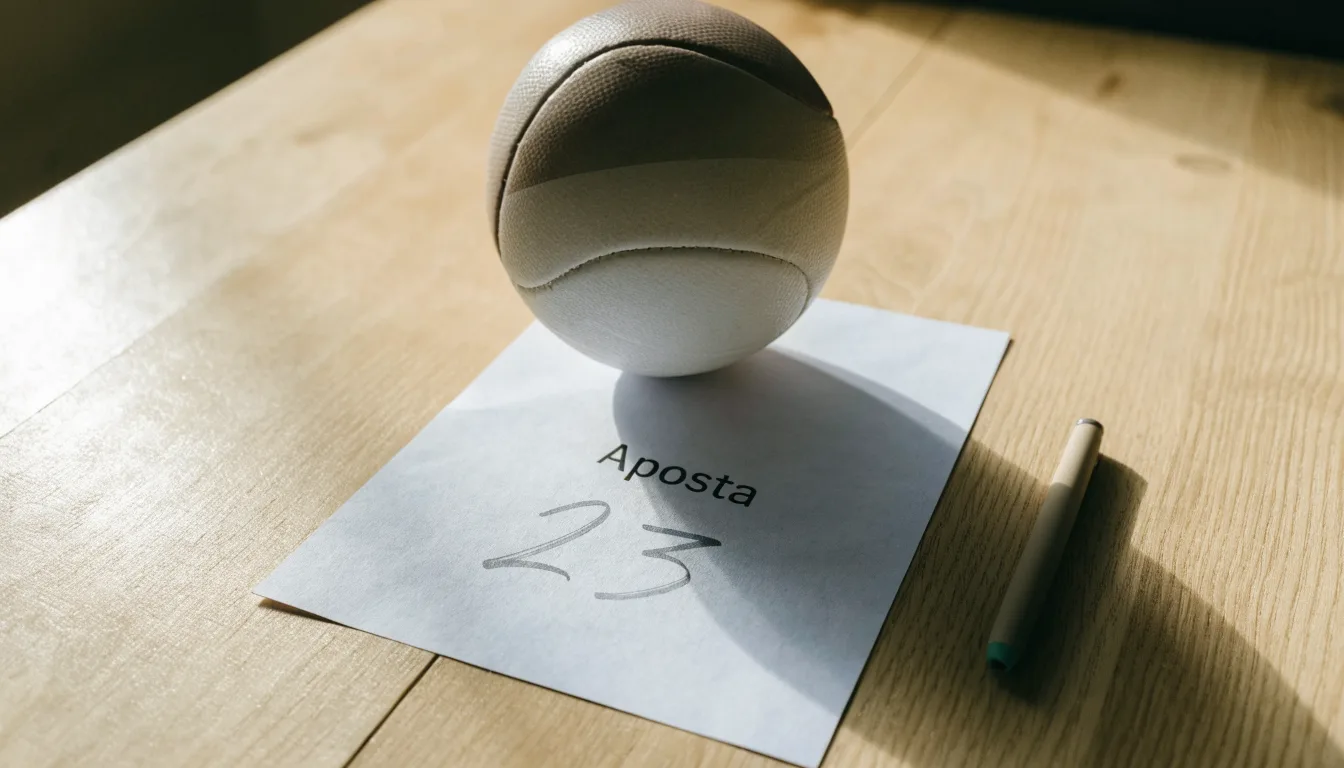 Uma bola de futebol pousada sobre um talão de apostas em branco numa mesa de madeira, à luz do dia
