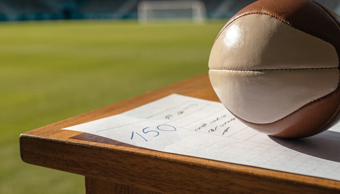 Uma bola de futebol pousada sobre um talão de apostas em branco numa mesa de madeira, à luz do dia