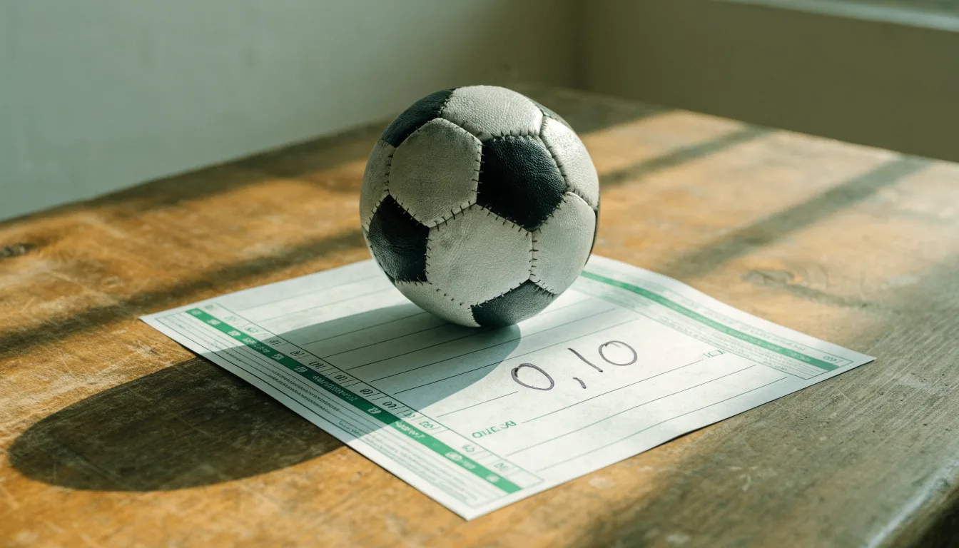 Uma bola de futebol pousada sobre um talão de apostas em branco numa mesa de madeira, à luz do dia