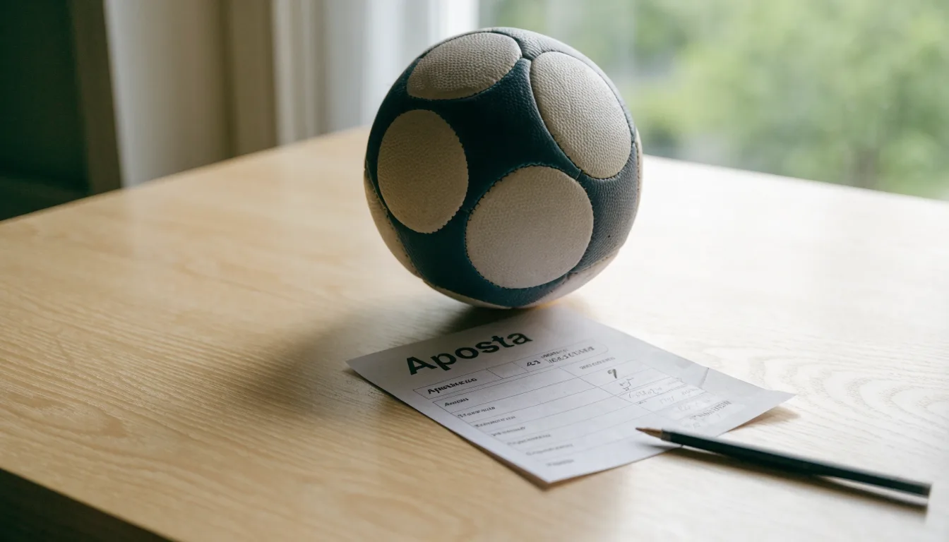 Uma bola de futebol pousada sobre um talão de apostas em branco numa mesa de madeira, à luz do dia