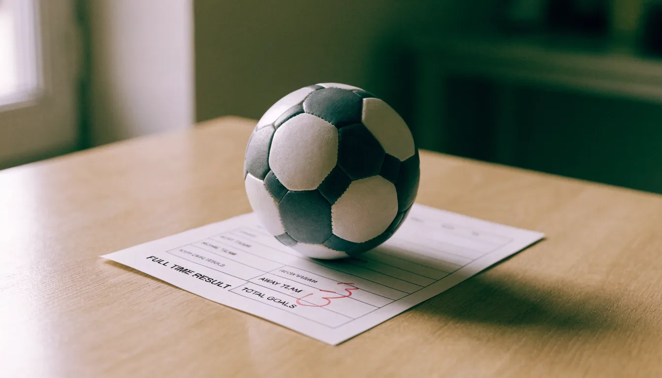 Uma bola de futebol pousada sobre um talão de apostas em branco numa mesa de madeira, à luz do dia
