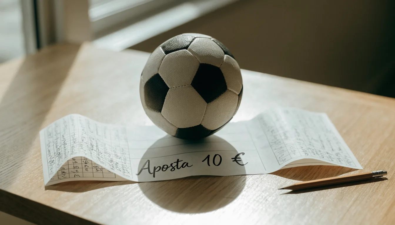 Uma bola de futebol pousada sobre um talão de apostas em branco numa mesa de madeira, à luz do dia