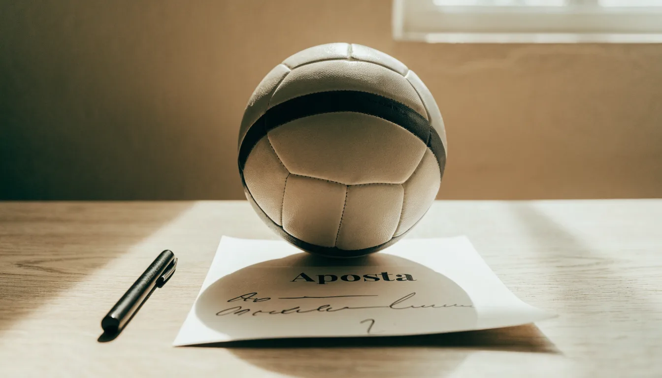Uma bola de futebol pousada sobre um talão de apostas em branco numa mesa de madeira, à luz do dia