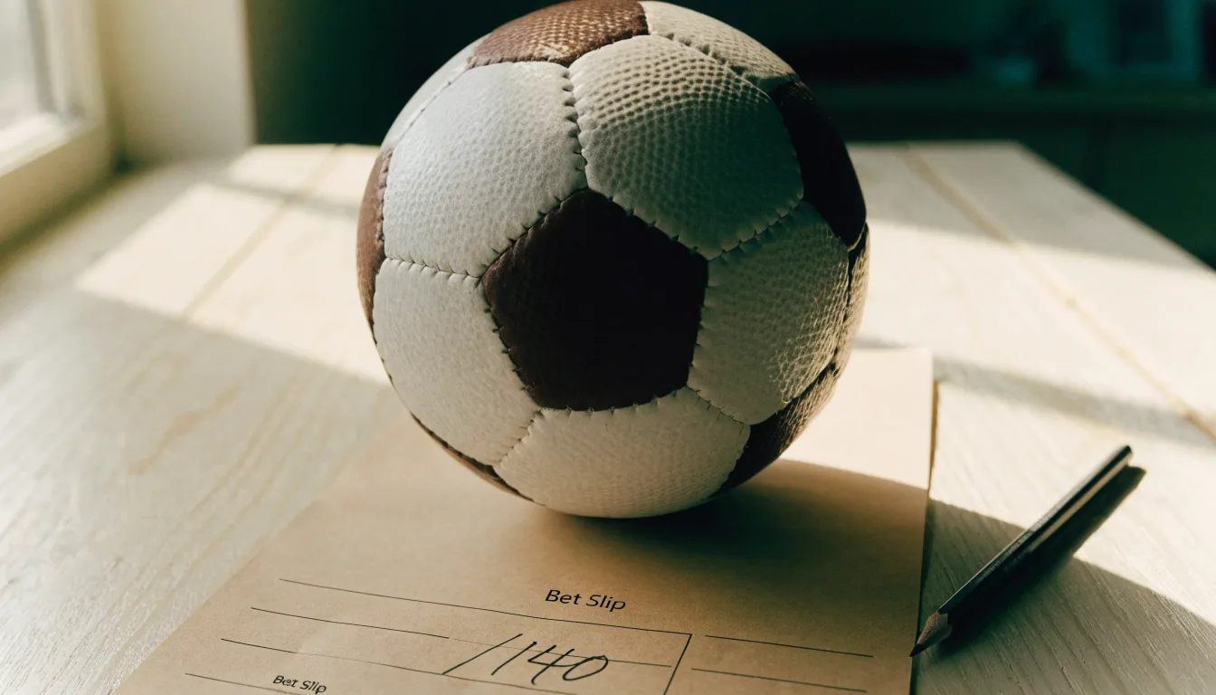 Uma bola de futebol pousada sobre um talão de apostas em branco numa mesa de madeira, à luz do dia
