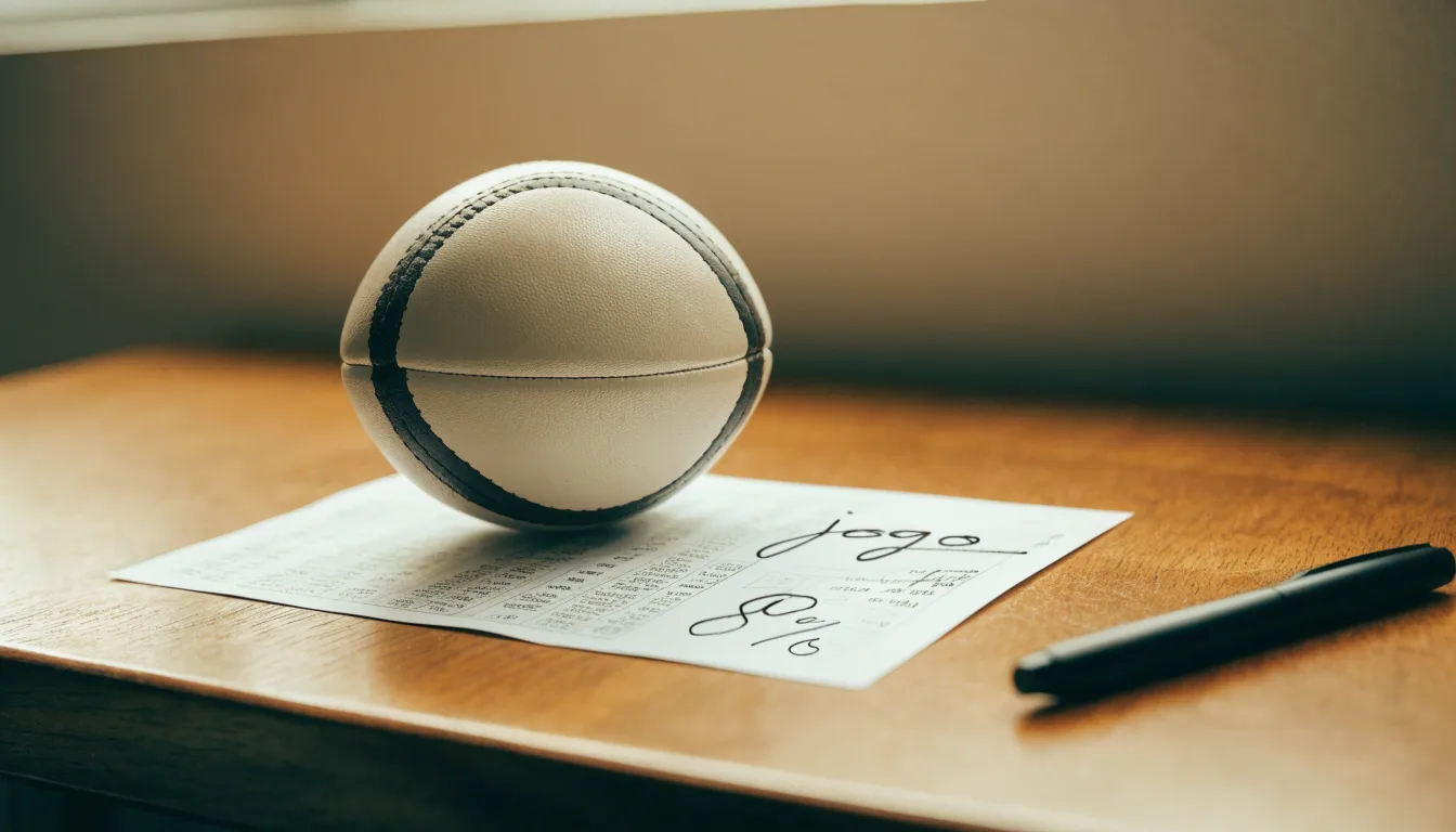 Uma bola de futebol pousada sobre um talão de apostas em branco numa mesa de madeira, à luz do dia
