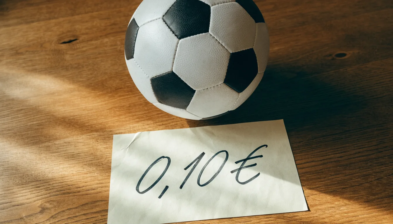 Uma bola de futebol pousada sobre um talão de apostas em branco numa mesa de madeira, à luz do dia