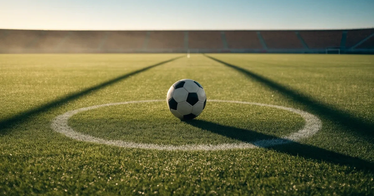 Uma bola de futebol no ponto central de um relvado, à luz da manhã
