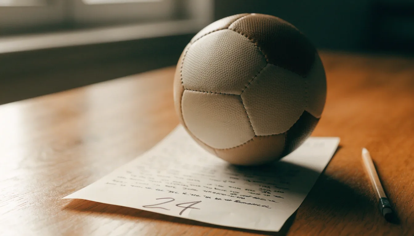 Uma bola de futebol pousada sobre um talão de apostas em branco numa mesa de madeira, à luz do dia